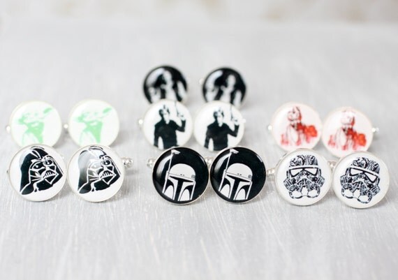 Wedding mens cufflinks - set of Groomsmen gifts - Star Wars - Darth Vader, Stormtrooper, Han Solo, Darth Maul, Yoda, Skywalker, Boba Fett