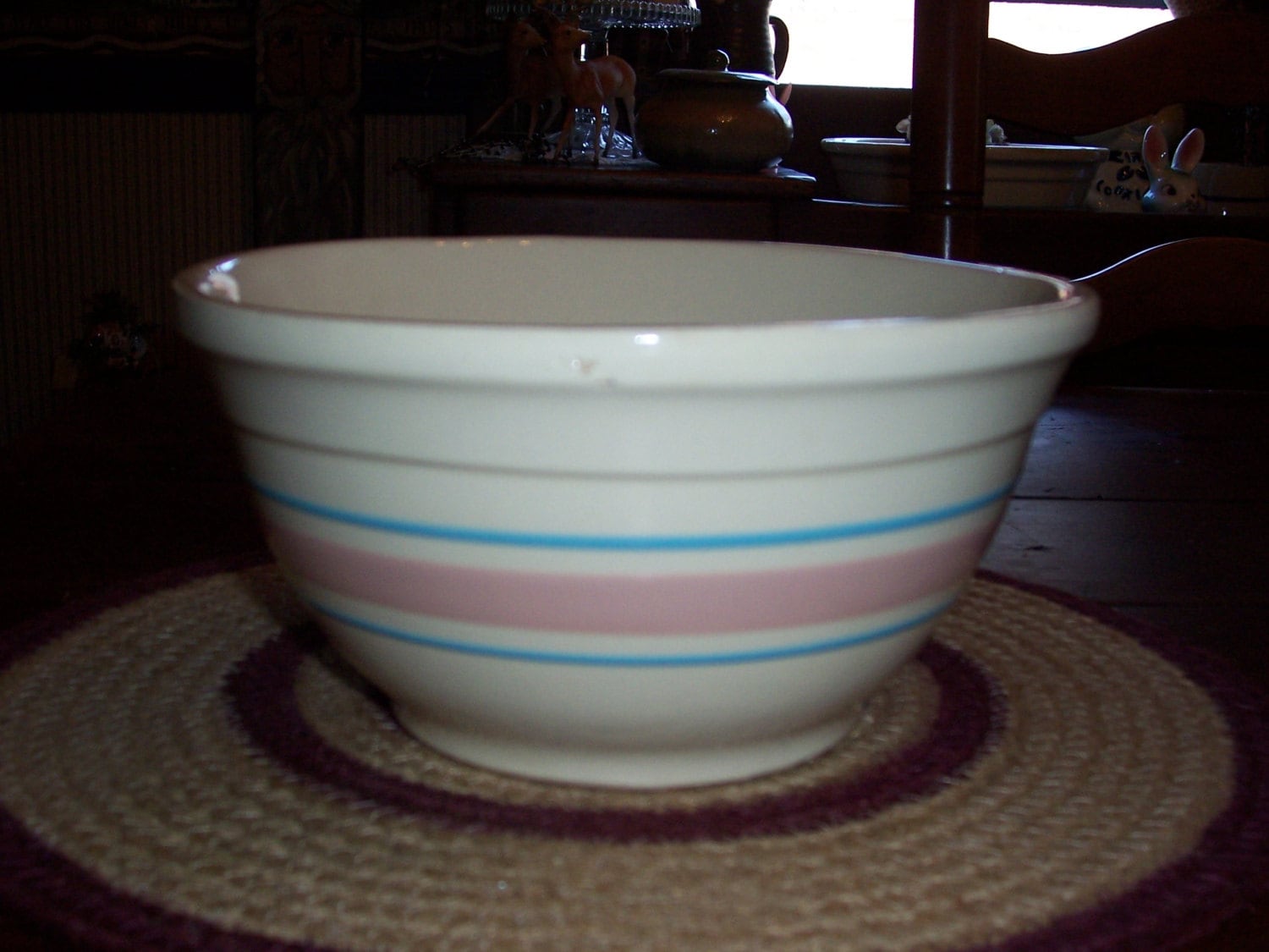 Vintage McCoy 8 inch Stoneware Mixing Bowl….Pink and Blue Stripe