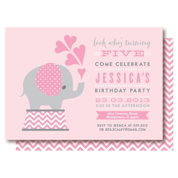 Pink Elephant Birthday Invitations 1