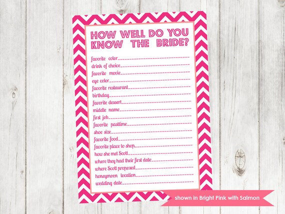 Bridal Shower Game - Printable Shower Themed Chevron Know the Bride Game - Colors and Text Customizable Il_570xn