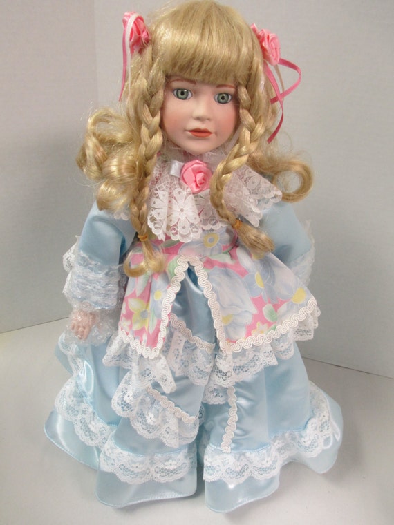 Vintage Porcelain Curly Blond Hair Blue Eyed Doll 17 Inch Blue