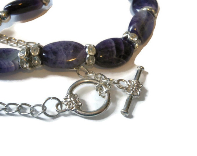 Amethyst and crystal necklace and pierced earrings, handmade set, can be shortened for choker, silver plated