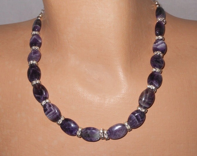 Amethyst and crystal necklace and pierced earrings, handmade set, can be shortened for choker, silver plated