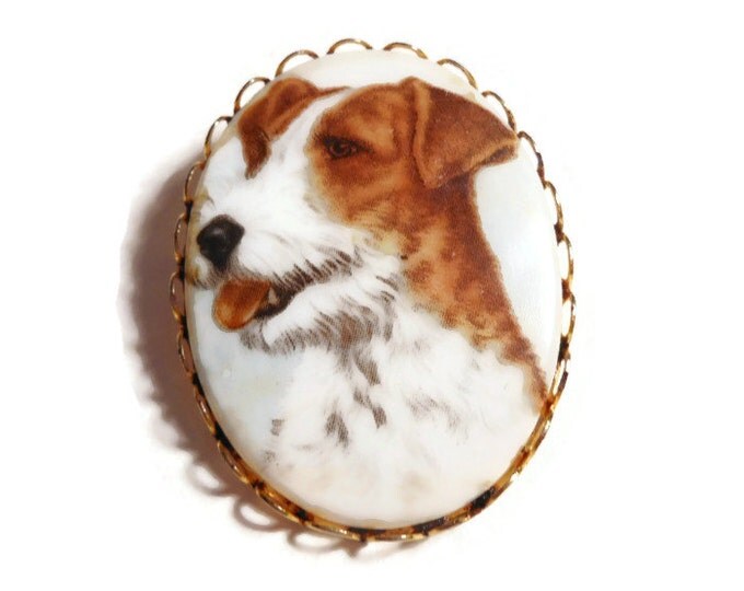 FREE SHIPPING Terrier dog porcelain transfer brooch