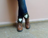 Knit Boot Cuffs Boot Toppers Hearts Leg Warmers Boot Socks in Green Cream Crochet Hearts Love Valentines Day Christmas Gift