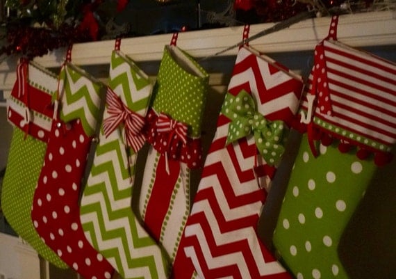 6 Christmas stockings personalized in bright red and green cotton