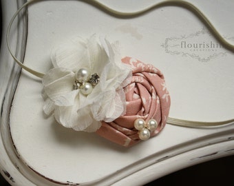 Pink and Ivory Rosette headband, pink flower headbands, cream headbands, baby headbands, newborn headbands, photography prop