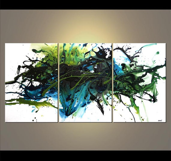 Modern Original Acrylic Painting, Teal, Green, White Acrylic Abstract by Osnat - MADE-TO-ORDER - 72"x36"