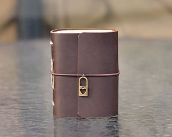 Leather Journal with Heart Lock, I Love You, Cute Pocket Notebook, Mini Diary, Meaningful Gift for Her/Him, Handmade, A7, Brown