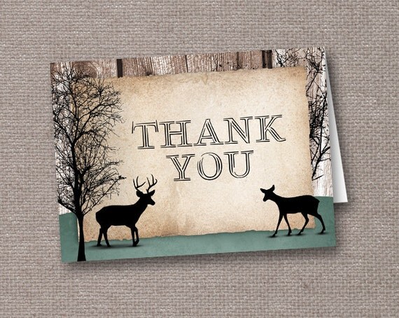 Rustic Deer Thank You Cards PRINTED - 6 to 250 Folded - Woodsy with Faded Hunter Green Il_570xn