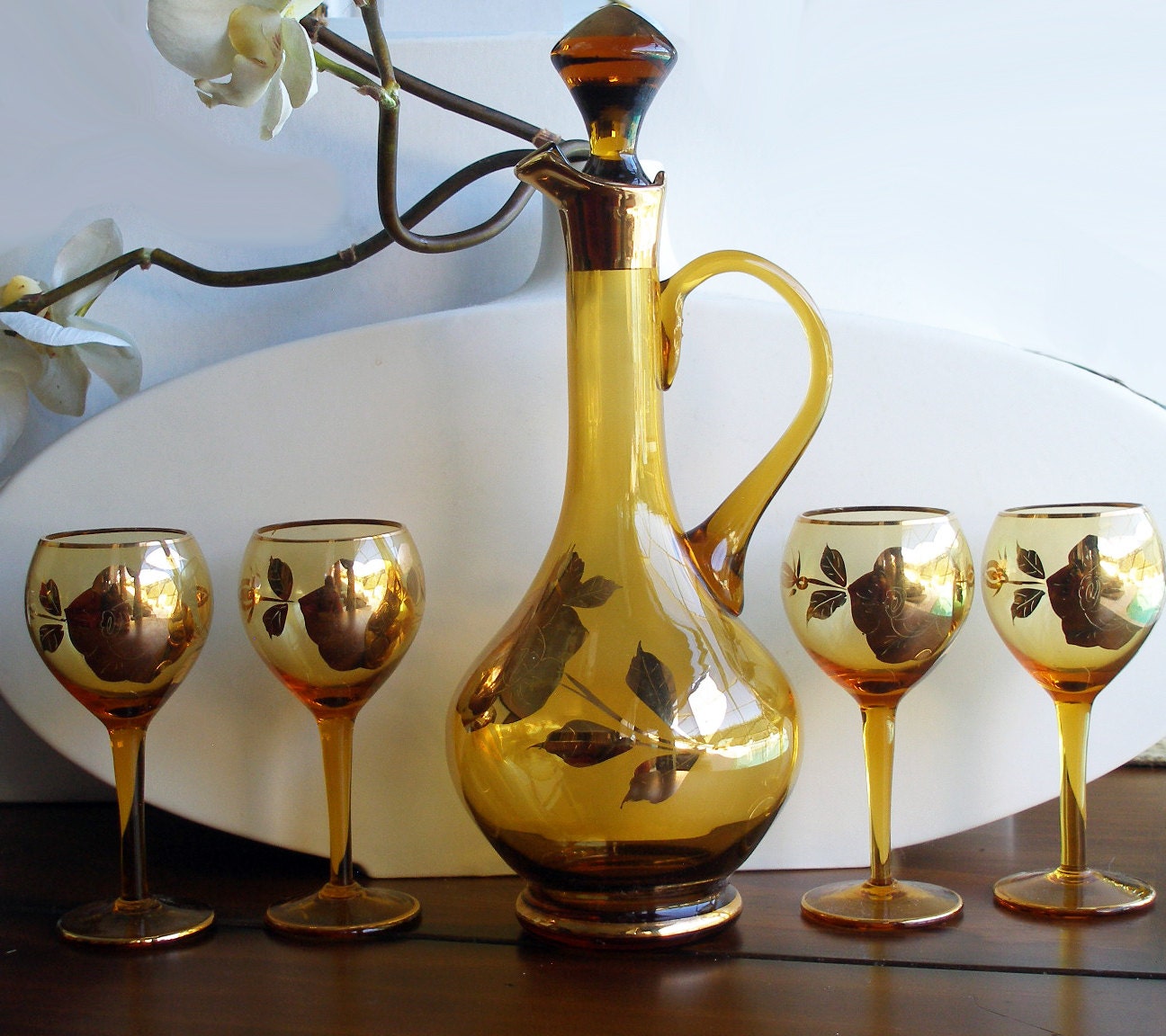Beautiful Vintage Amber Wine Decanter Set Gold Rose Design