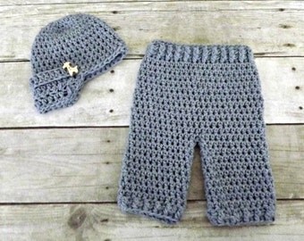 Baby Boy Gift, crochet baby hat, baby pants, baby boy hat, denim blue cotton hat and pants