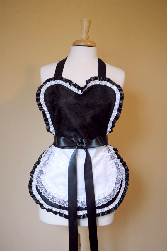 Sexy French Maid Apron in Black Satin and Lace with White