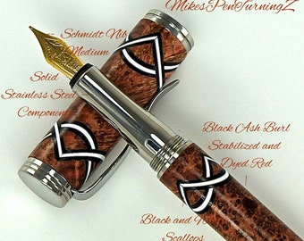 Custom Wooden Pen Fountain Beautiful Dyed Red Black Ash Burl Black and White Scallops Stainless Steel Components 722FPSSF