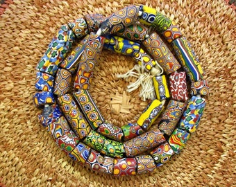 Collier Vintage Perles De Verre Baguettes Millefiori Motif Soleil - Ancien, Bon état D'usage