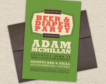 Retro Beer & Diaper Party Invitation // Green, Brown, Rustic Orange