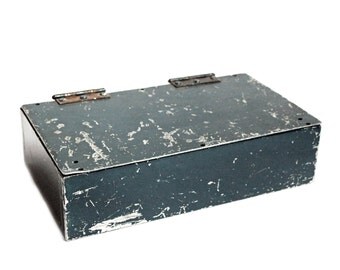 Vintage Industrial Blue Metal Box with Hinged Lid