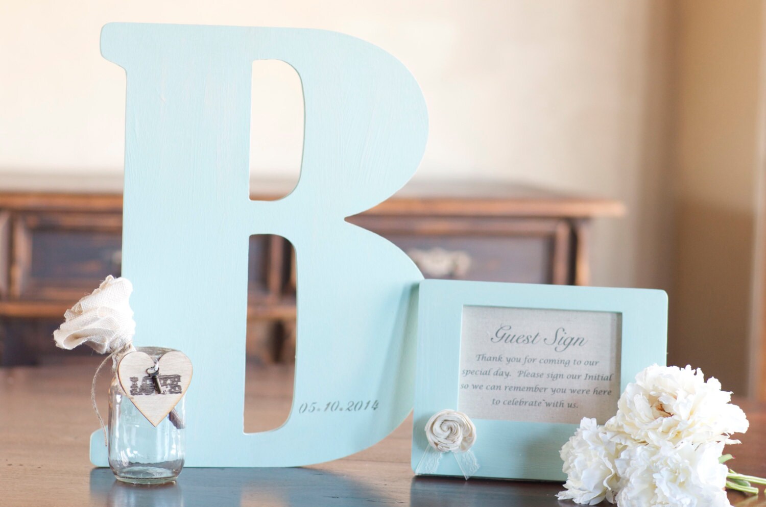 Mint Green Vintage Letter Guest Book by Burlap and Linen Co