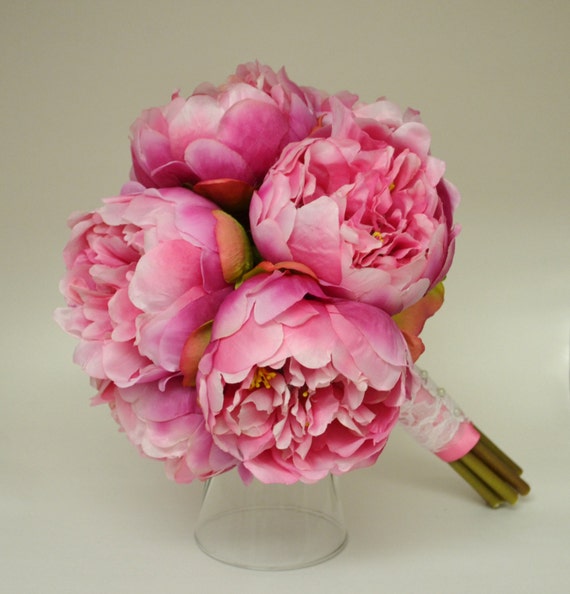 Silk Peony Bouquet Hot Pink Peonies Shabby by blueorchidcreations