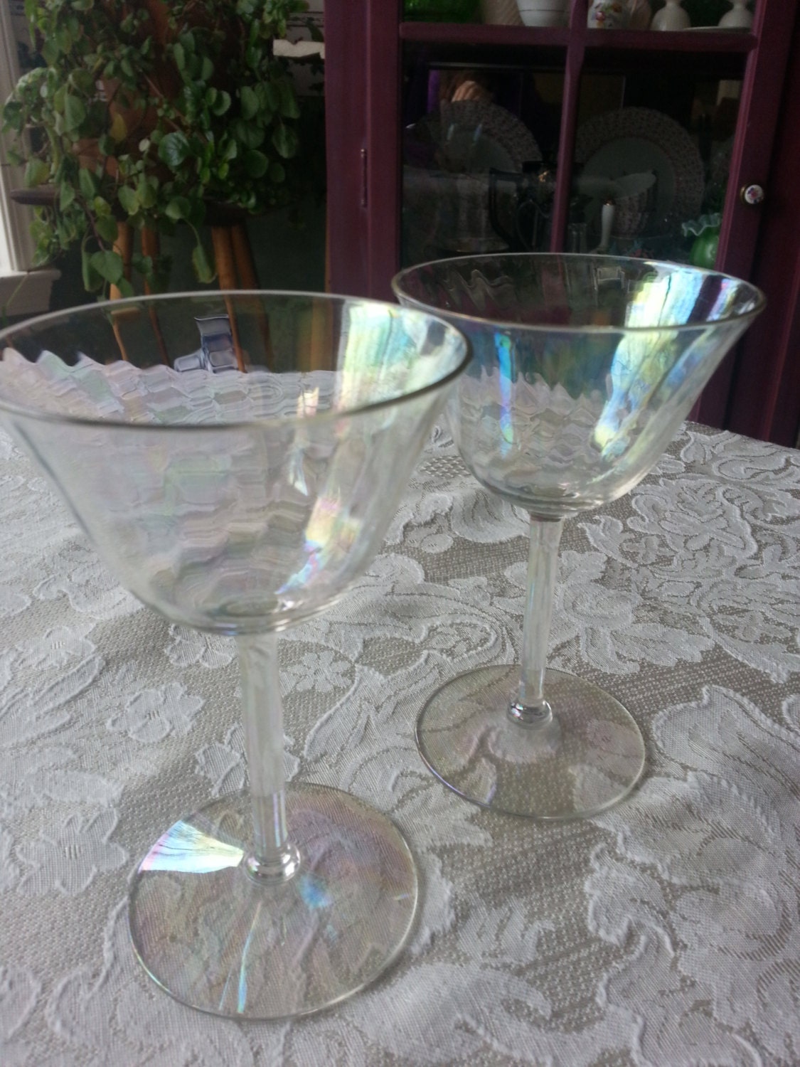 Dear Little Pair Of Vintage Iridescent Small Stemware Cocktail Glasses