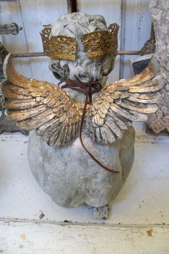 Large cherub statue with crown distressed hand painted art