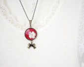 Red Japanese Pendant Necklace and Bronze Necklace Floral and romantic charm floral design fabric backed cabochon
