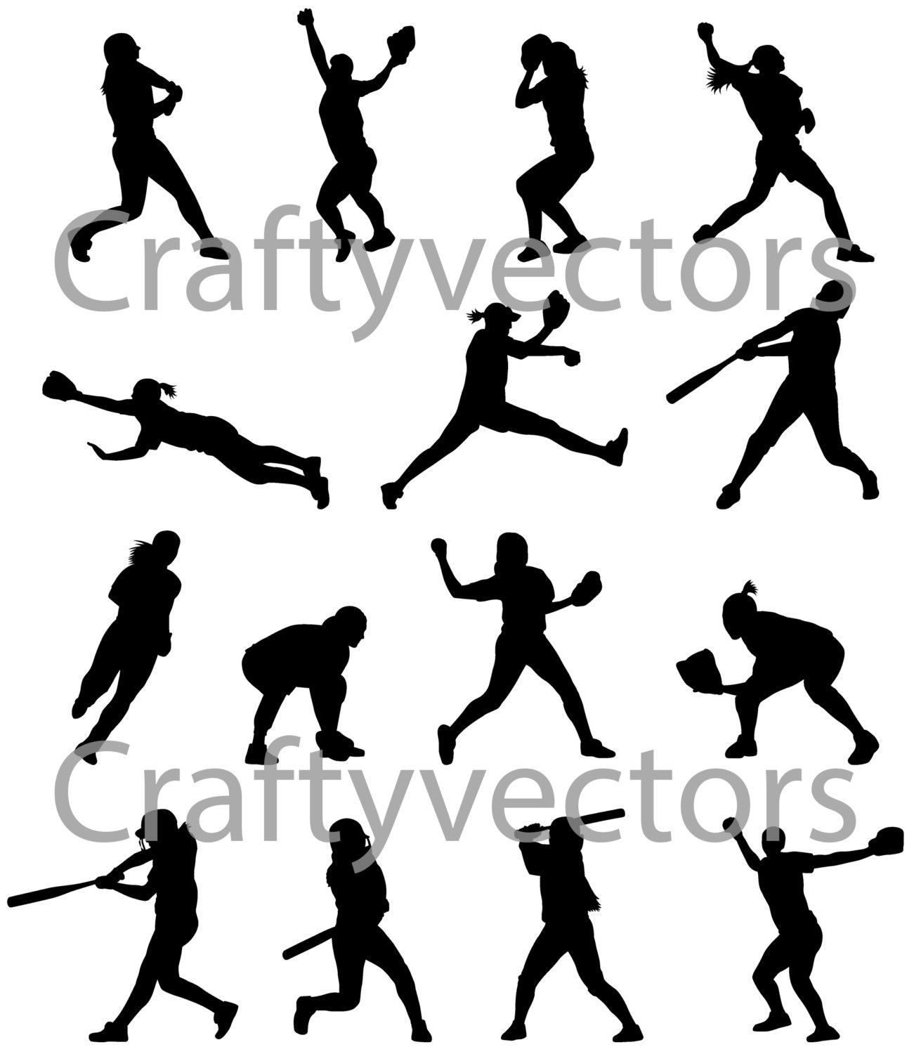 Softball Silhouettes vector SVG cut file by CraftyVectors on Etsy