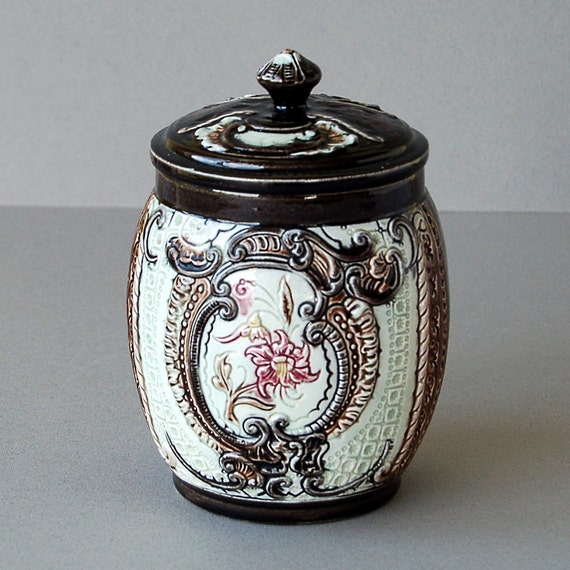 Antique Majolica tobacco jar Ceramic storage jar Brown and