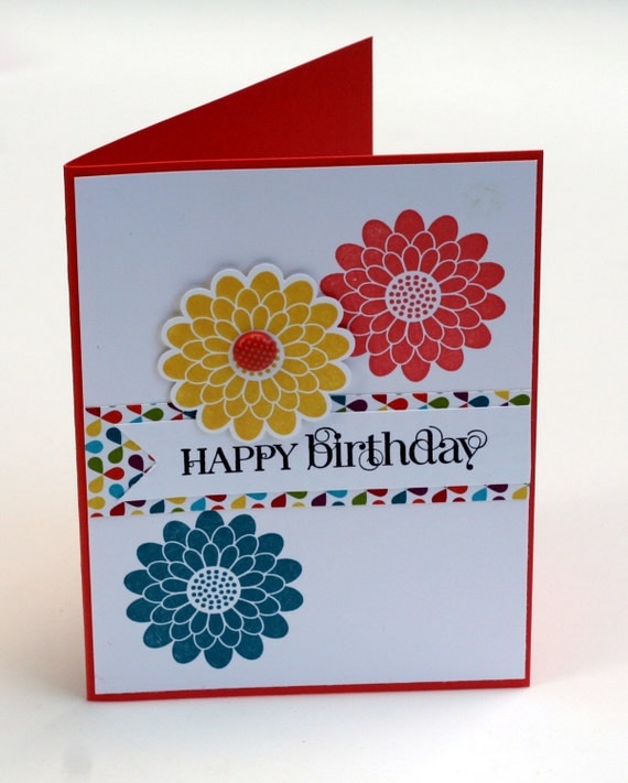 Happy Birthday notecard, flowers, Red, yellow, blue floral blank card, birthday wishes