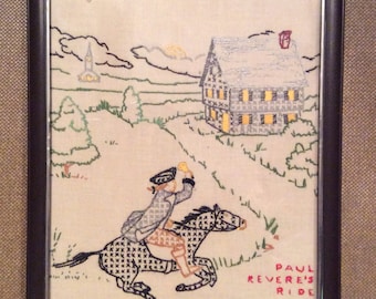 Vintage Paul Revere's Ride on Horse Back in Hand Stitch, Hand Sewn, Cross Stitch Folk Art Wall Hanging