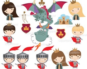 ON SALE INSTANT Download. Knight, princess and dragon medieval clip art. Ck_27. Personal and commercial use.