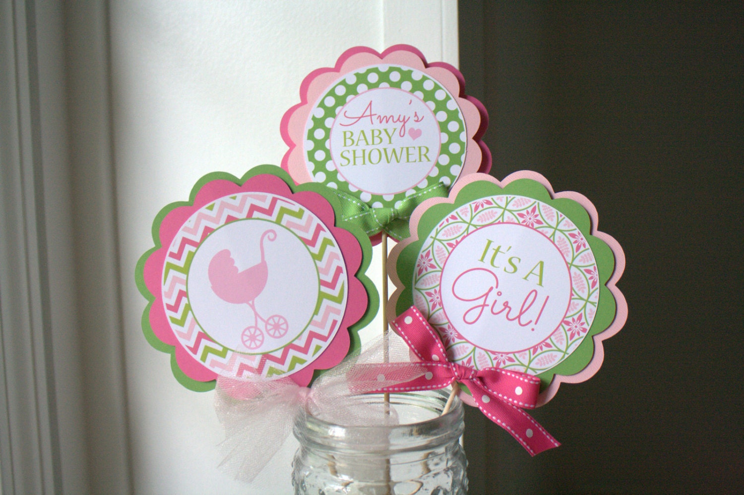 Pink and Green Baby Shower Centerpiece Sticks by thelovelyapple