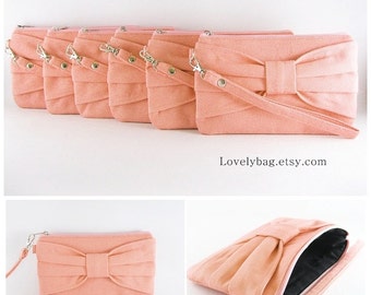 SUPER SALE - Set of 8 Clutch Bridesmaids, Clutch Bridal, Clutch Wedding / Peach Bow Clutches - Made To Order
