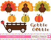 50% OFF - Thanksgiving Turkey Pumpkin Wagon Gobble Cute Clip Art - Commercial Use - Scrapbooking Invitations Cards - Instant Download Il_170x135
