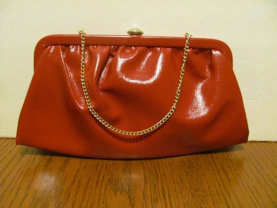 Vintage Red Patent Faux Leather Purse Clutch Gold Clasp