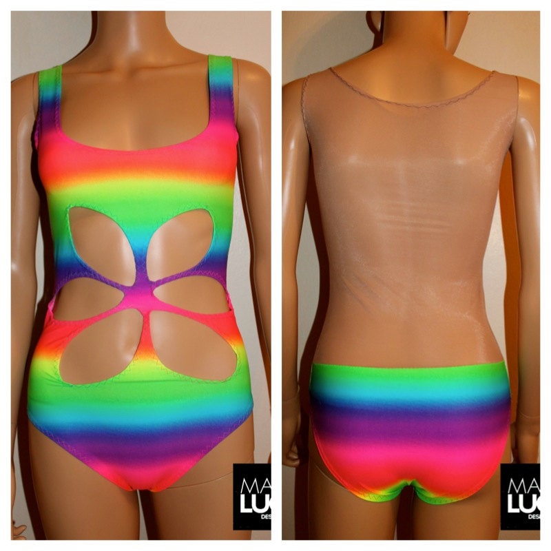 Sexy Rainbow Leotard With Front Cut Outs For Go Go Dance Stage