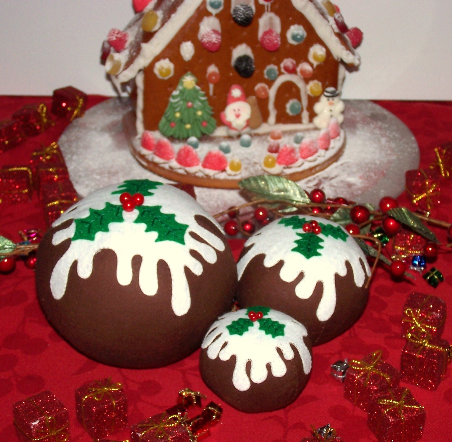 Family of 3 Fabric Christmas Puddings Unique Decorations Table Handmade