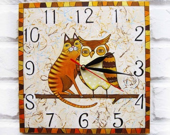 The Cat and Owl Wall Clock, Home Decor for Children Baby Kid Boy Girl