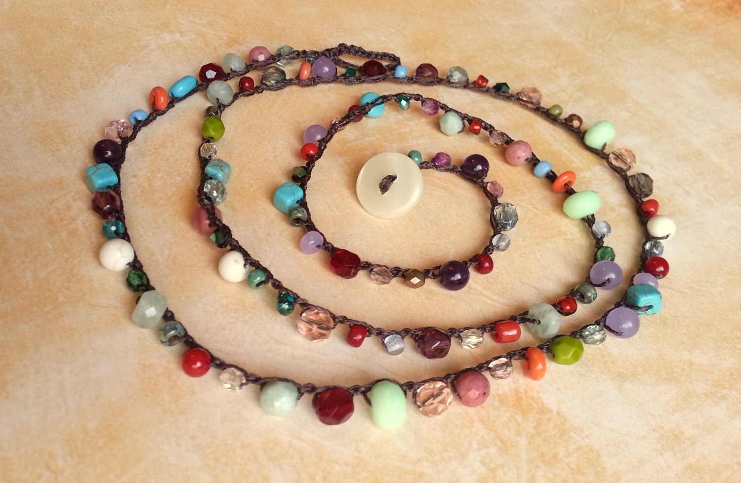 Boho Bohemian Beaded Crochet Necklace Czech Glass Beads