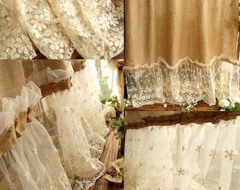 SHABBY *washed Rustic Chic Burlap SHOWER Curtain Lace Ruffles FLOWER French Beach Farmhouse