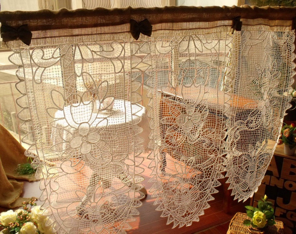 CUSTOM white Vintage Cotton French Lace Window Cafe Curtain