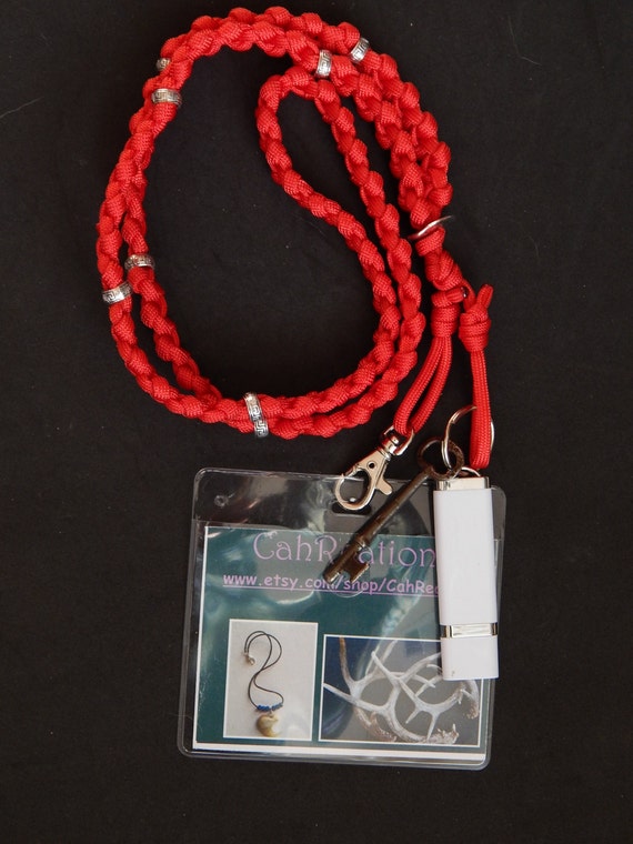 Paracord lanyard id badge holder red beaded lanyard by CahReations