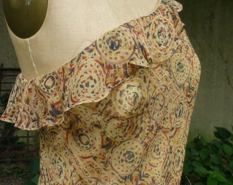 Vintage Ralph Lauren Off Shoulder Mid Calf 100% Silk Chiffon Paisley Cut on the Bias Flapper Style Size 8