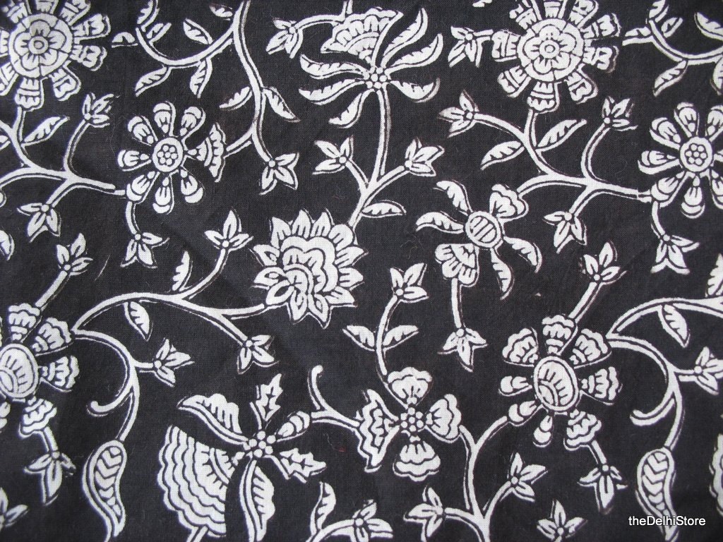 Soft Cotton Fabric by Yard Floral Kalamkari Print in Black