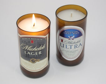 Beer Bottle Candle from Recycled from Michelob Lager, Michelob Ultra Beer Bottle, High Scented, Custom Made Candle