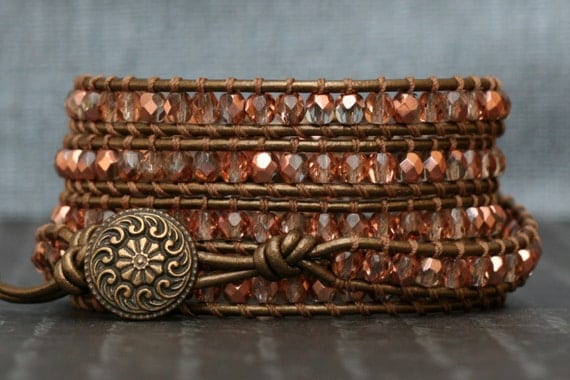 Rose Gold Crystal and Bronze Leather Wrap Bracelet
