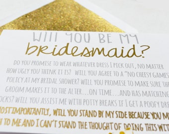Gold and Grey Color Will You Be My Bridesmaid Card, Funny Bridesmaid Card, Cute Wedding Party Invite, Be My Bridesmaid Card, Gold font