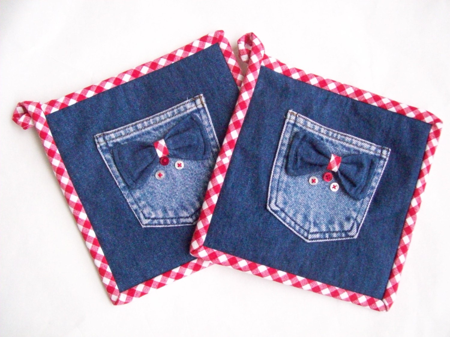 Denim Potholders Recycled Denim Denim & Red Gingham Set