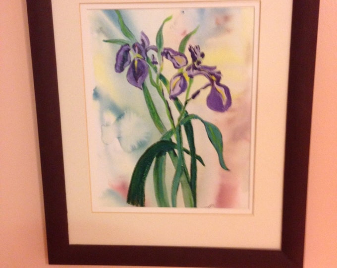 Purple Iris Watercolor - 9 x 12 painting in a 14 x 16 Wood frame