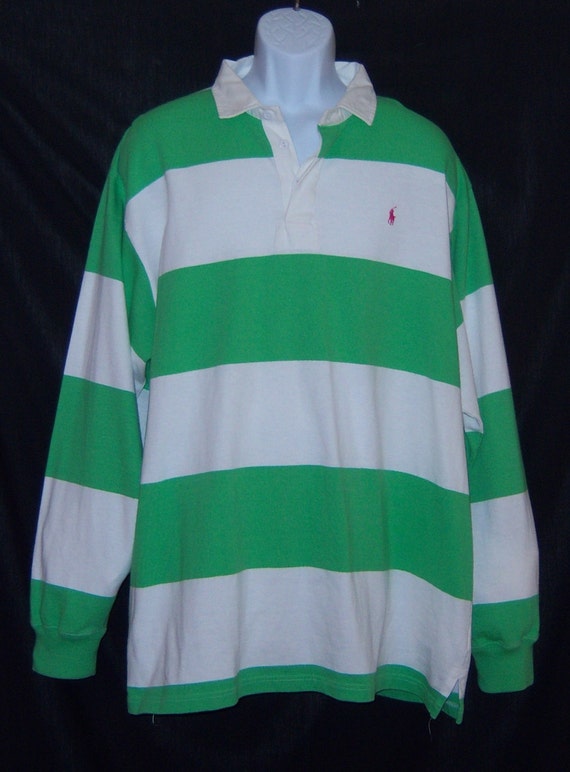 Vintage Polo Ralph Lauren Lime Neon Green White Striped Rugby